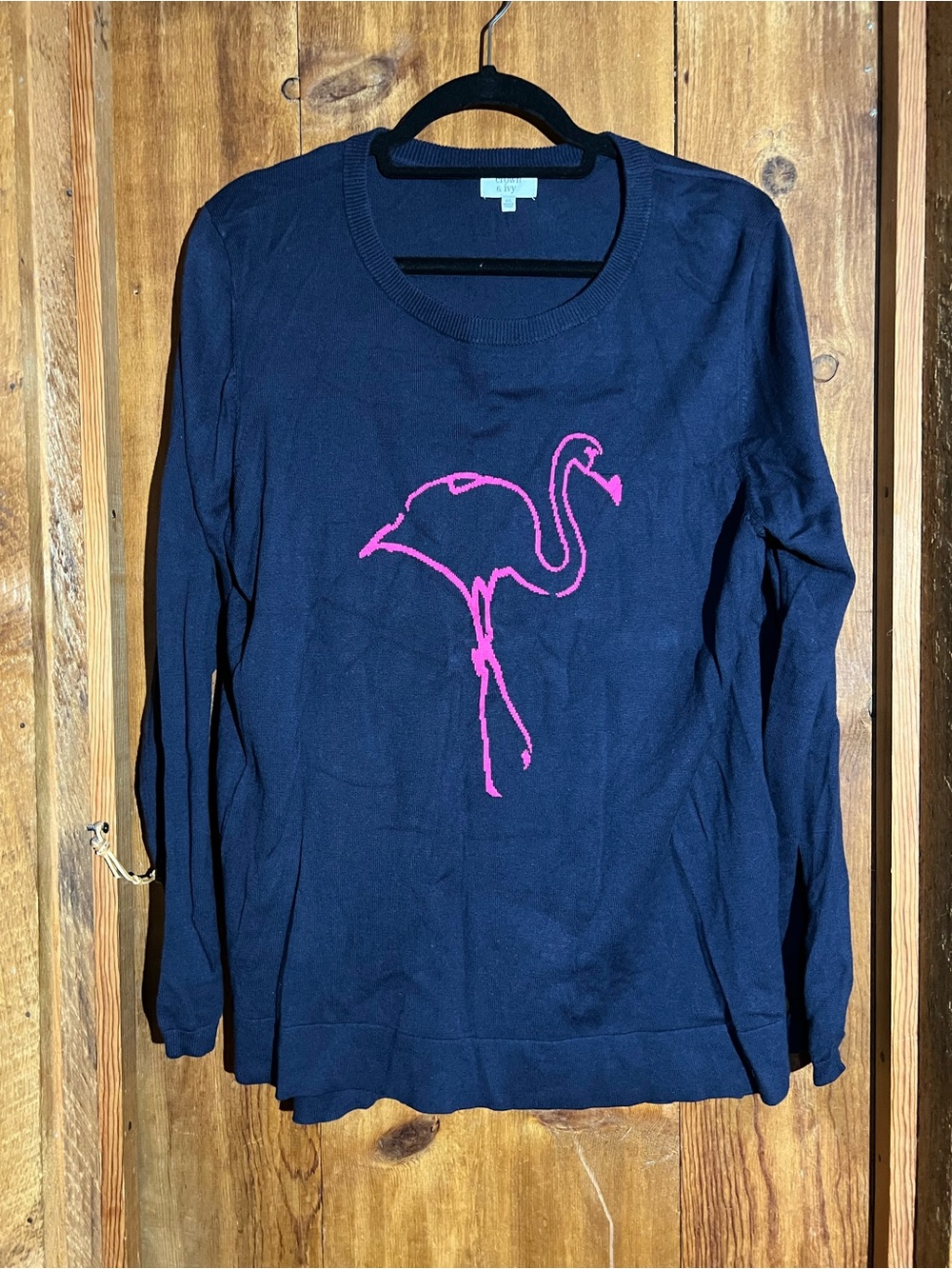 crown & ivy Navy Long-Sleeve Crewneck Top with Pink Flamingo Motif